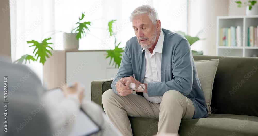 Help, counseling and senior man with psychologist for consulting session, conversation or advice. Service, support and elderly patient with therapist for retirement decision, discussion or anxiety Help, counseling and senior man with psychologist for consulting session, conversation or advice. Service, support and elderly patient with therapist for retirement decision, discussion or anxiety