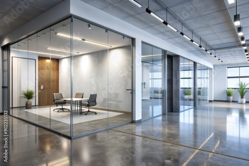 Modern corporate office corridor featuring sleek glass doors, polished concrete floors, stylish furniture, and a blank white billboard, exuding a sense of sophistication and innovation. © Caitlin