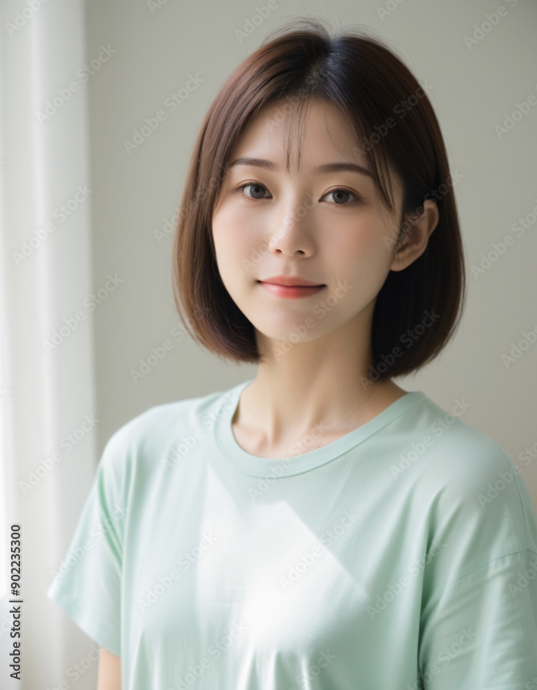 Portrait photo of Beautiful Japanese Woman in Casual Attire Posing by Window with Natural Light. Portrait photo of Beautiful Japanese Woman in Casual Attire Posing by Window with Natural Light.