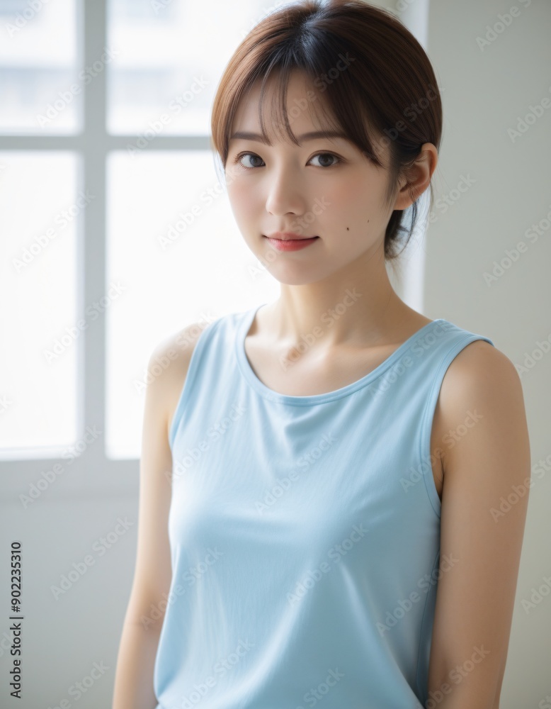 Portrait photo of Beautiful Japanese Woman in Casual Attire Posing by Window with Natural Light. Portrait photo of Beautiful Japanese Woman in Casual Attire Posing by Window with Natural Light.