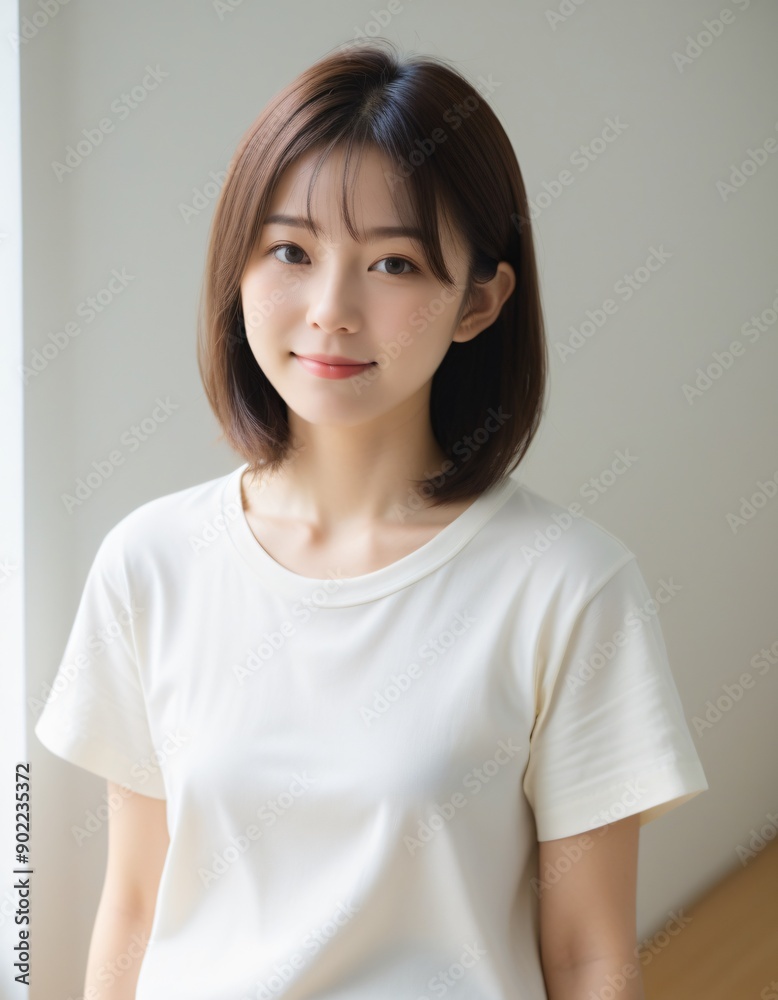Portrait photo of Beautiful Japanese Woman in Casual Attire Posing by Window with Natural Light.