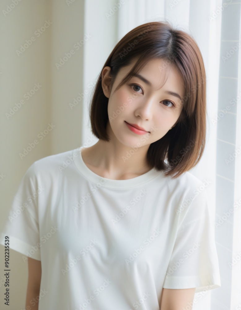Portrait photo of Beautiful Japanese Woman in Casual Attire Posing by Window with Natural Light. Portrait photo of Beautiful Japanese Woman in Casual Attire Posing by Window with Natural Light.