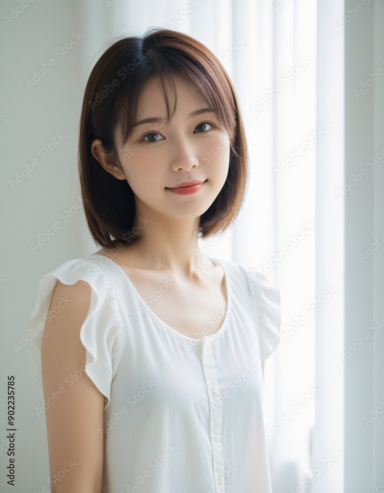 Portrait photo of Beautiful Japanese Woman in Casual Attire Posing by Window with Natural Light. Portrait photo of Beautiful Japanese Woman in Casual Attire Posing by Window with Natural Light.