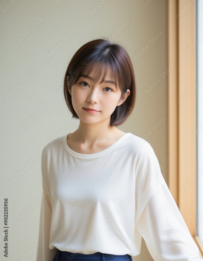 Portrait photo of Beautiful Japanese Woman in Casual Attire Posing by Window with Natural Light. Portrait photo of Beautiful Japanese Woman in Casual Attire Posing by Window with Natural Light.