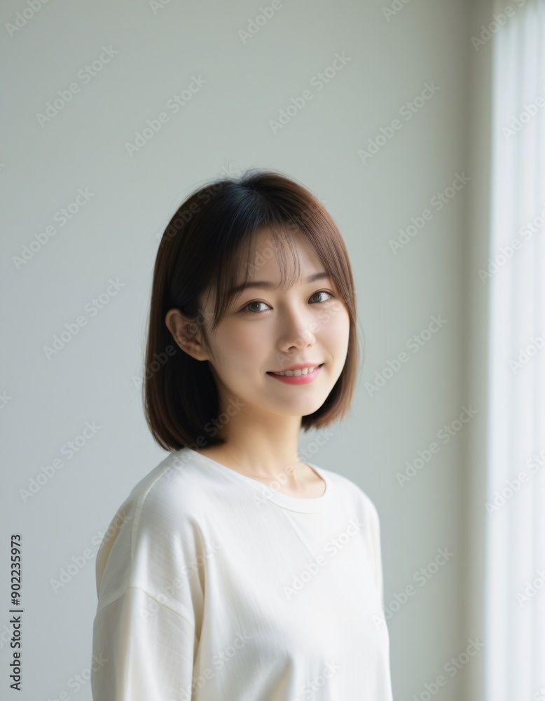 Portrait photo of Beautiful Japanese Woman in Casual Attire Posing by Window with Natural Light. Portrait photo of Beautiful Japanese Woman in Casual Attire Posing by Window with Natural Light.