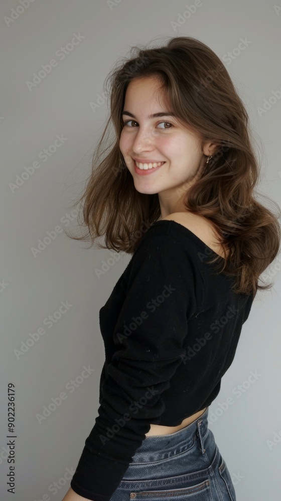 knee shot of a beautiful Caucasian professor, smiling looking back at the camera, isolated on grey background