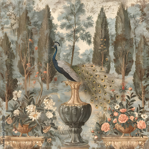Vintage Roman-inspired mural wallpaper with a colorful garden scene featuring a peacock, forest, and botanical plants.