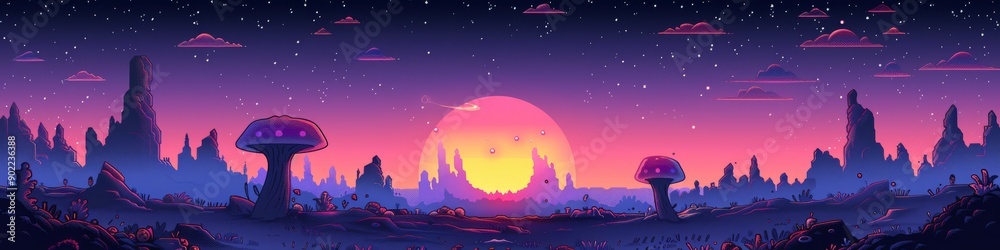 Naklejka premium A surreal landscape with vibrant colors and mushrooms. 