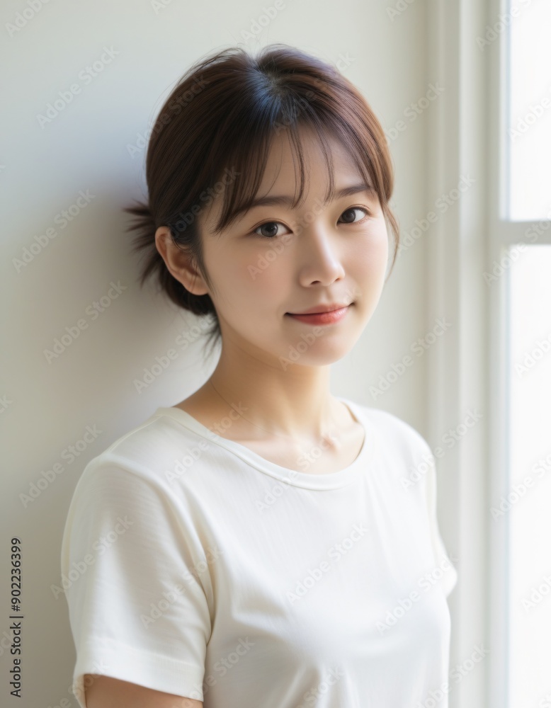 Portrait photo of Beautiful Japanese Woman in Casual Attire Posing by Window with Natural Light. Portrait photo of Beautiful Japanese Woman in Casual Attire Posing by Window with Natural Light.