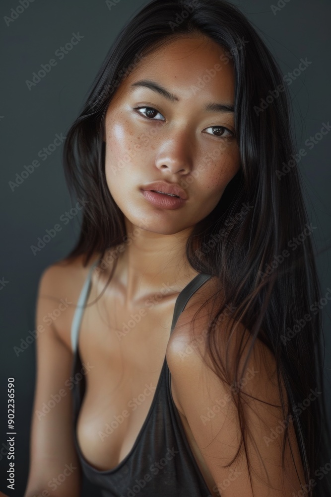 photo of beautiful Asian model looking at the camera, isolated on dark grey, clean dark grey background photo of beautiful Asian model looking at the camera, isolated on dark grey, clean dark grey background