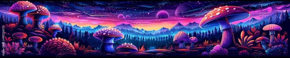 A surreal landscape with vibrant colors and mushrooms. A surreal landscape with vibrant colors and mushrooms.