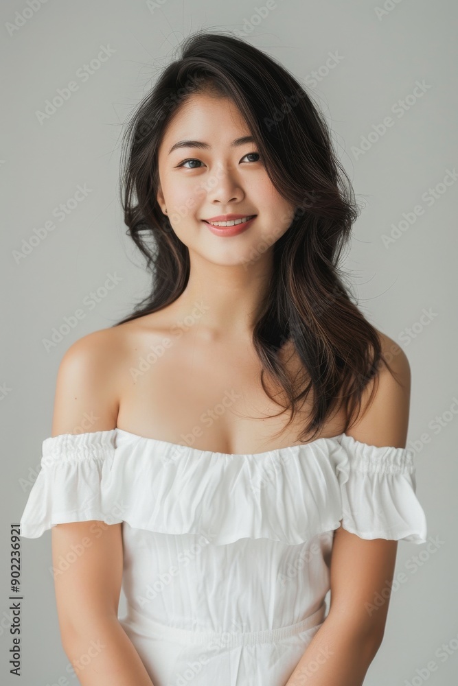 photo of beautiful Balinese Asian model smiling looking at the camera, isolated on dark grey, clean dark grey background photo of beautiful Balinese Asian model smiling looking at the camera, isolated on dark grey, clean dark grey background