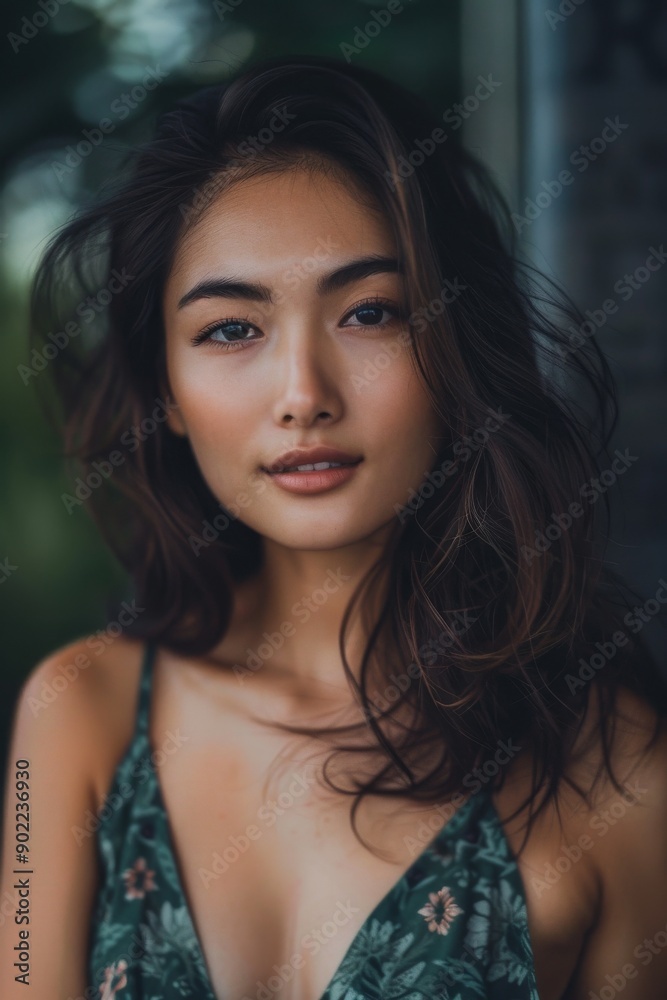 photo of beautiful Balinese Asian model smiling looking at the camera, isolated on dark grey, clean dark grey background photo of beautiful Balinese Asian model smiling looking at the camera, isolated on dark grey, clean dark grey background