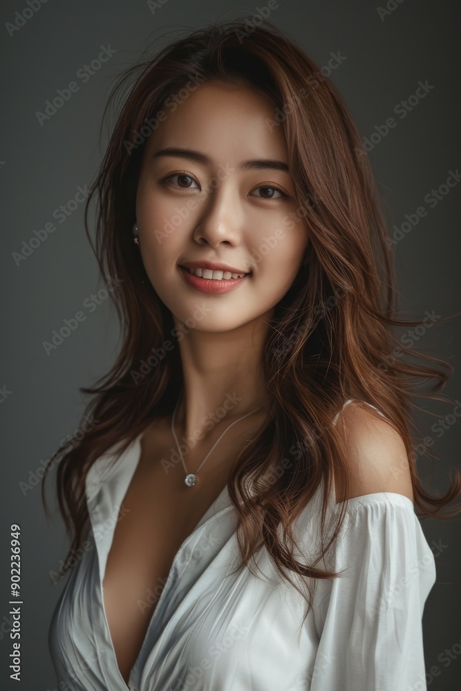photo of beautiful Balinese Asian model smiling looking at the camera, isolated on dark grey, clean dark grey background photo of beautiful Balinese Asian model smiling looking at the camera, isolated on dark grey, clean dark grey background