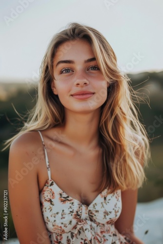 photo of beautiful Caucasian model smiling looking at the camera, isolated on dark grey, clean dark grey background