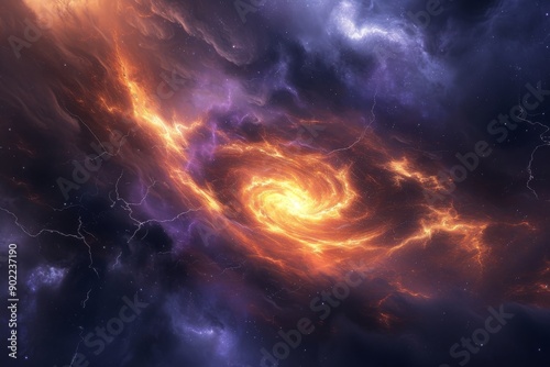 A brilliant, fiery nebula swirls in a dark, star-filled sky, illuminated by a powerful, electric storm photo