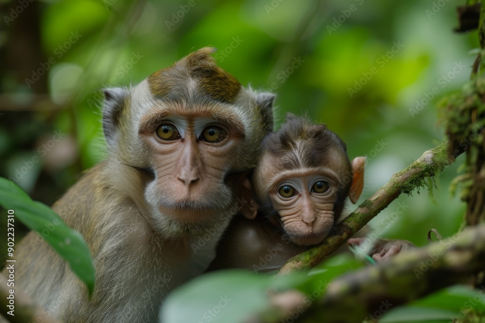 A macaque mother and her young infant rest amongst the lush foliage of a tropical rainforest, their curious eyes gazing out from the dense greenery A macaque mother and her young infant rest amongst the lush foliage of a tropical rainforest, their curious eyes gazing out from the dense greenery