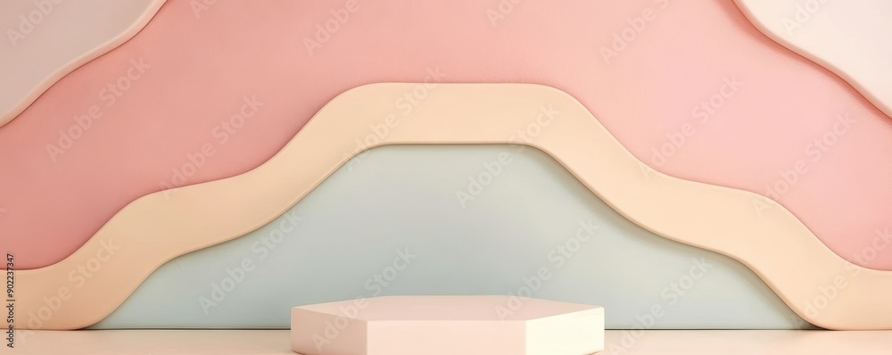 Minimalist pastel abstract background with curved shapes and a podium, perfect for presentations and modern designs.