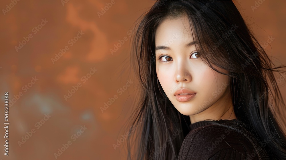 Beautiful Asian girl with long hair, close-up portrait, looking at the camera, isolated on a brown background with copy space Beautiful Asian girl with long hair, close-up portrait, looking at the camera, isolated on a brown background with copy space