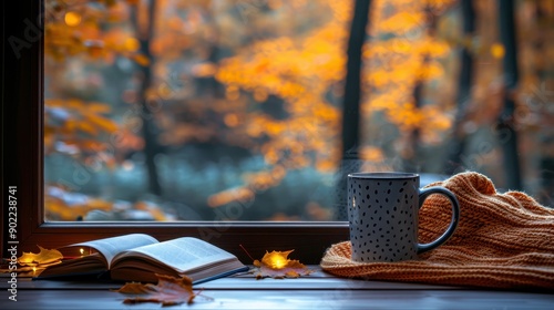 Cozy Autumn or Winter Scene with Coffee Mug, Book, and Blanket on Wooden Window Sill – Blurred Nature Background in Evening Time

 photo