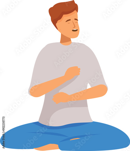 Young man is sitting cross legged, practicing diaphragmatic breathing for relaxation and stress relief