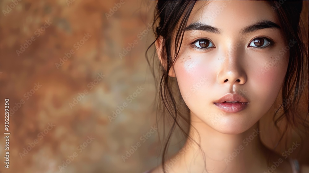 Gorgeous Asian girl with radiant skin, close-up portrait, looking at the camera, brown background with copy space Gorgeous Asian girl with radiant skin, close-up portrait, looking at the camera, brown background with copy space