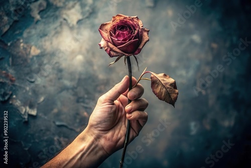 hand hold withered wilted rose on gloomy background
