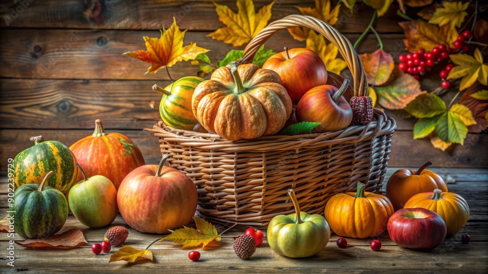 Autumnal still life featuring a wicker basket overflowing with ripe pumpkins, crisp apples, and lush greenery, resting on a rustic wooden table. Autumnal still life featuring a wicker basket overflowing with ripe pumpkins, crisp apples, and lush greenery, resting on a rustic wooden table.