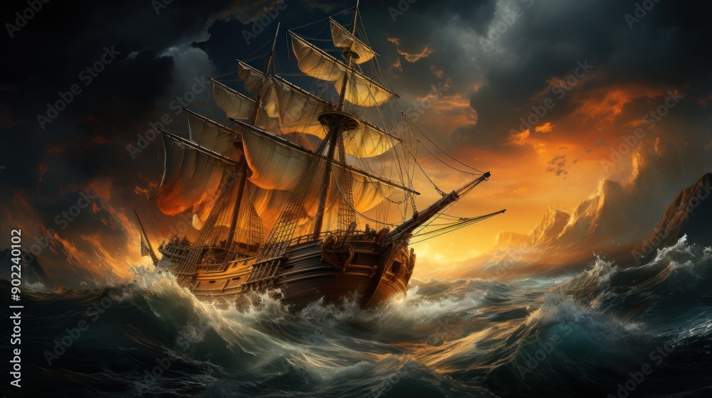 Obraz premium A ship sailing through a stormy sea