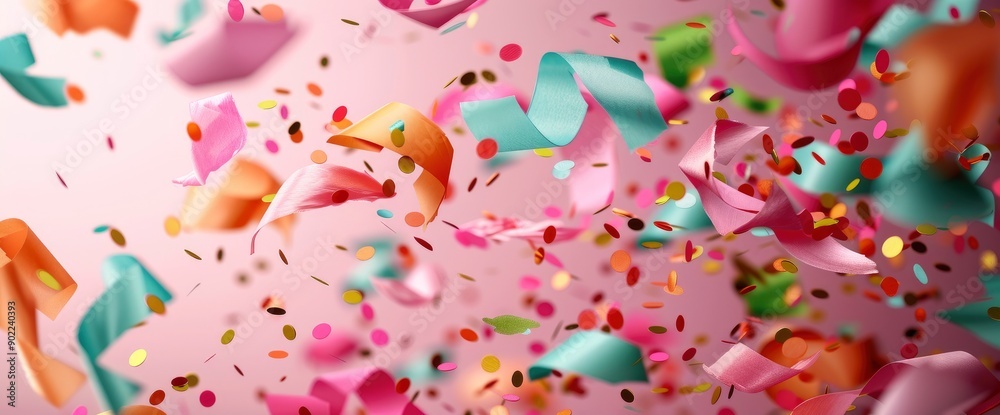 Flying Colored Confetti On A Pink Background, Creating A Festive And Cheerful Atmosphere Flying Colored Confetti On A Pink Background, Creating A Festive And Cheerful Atmosphere