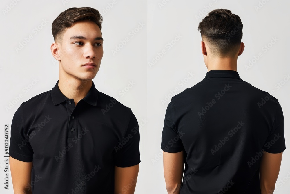 A male model poses in a simple black polo shirt, showing both the front and back views. The background is a plain white wall A male model poses in a simple black polo shirt, showing both the front and back views. The background is a plain white wall