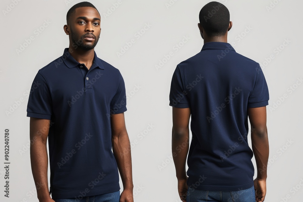 A man in a navy polo shirt faces the camera with a relaxed pose and expression, hands at his sides against a light background A man in a navy polo shirt faces the camera with a relaxed pose and expression, hands at his sides against a light background