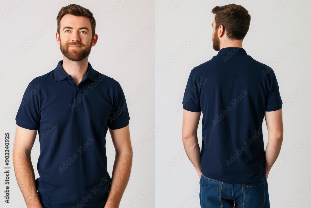 A man is standing against a white background wearing a navy blue polo shirt A man is standing against a white background wearing a navy blue polo shirt