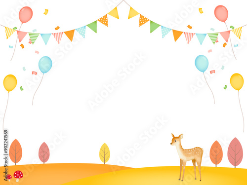 鹿のイラストが可愛い秋のフェスティバル風フレームイラスト
