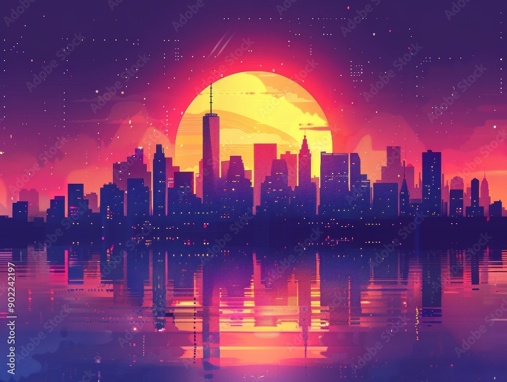 Fototapeta premium A vibrant sunset over a city skyline, reflecting colorful hues in the water. Perfect for urban and travel themes.