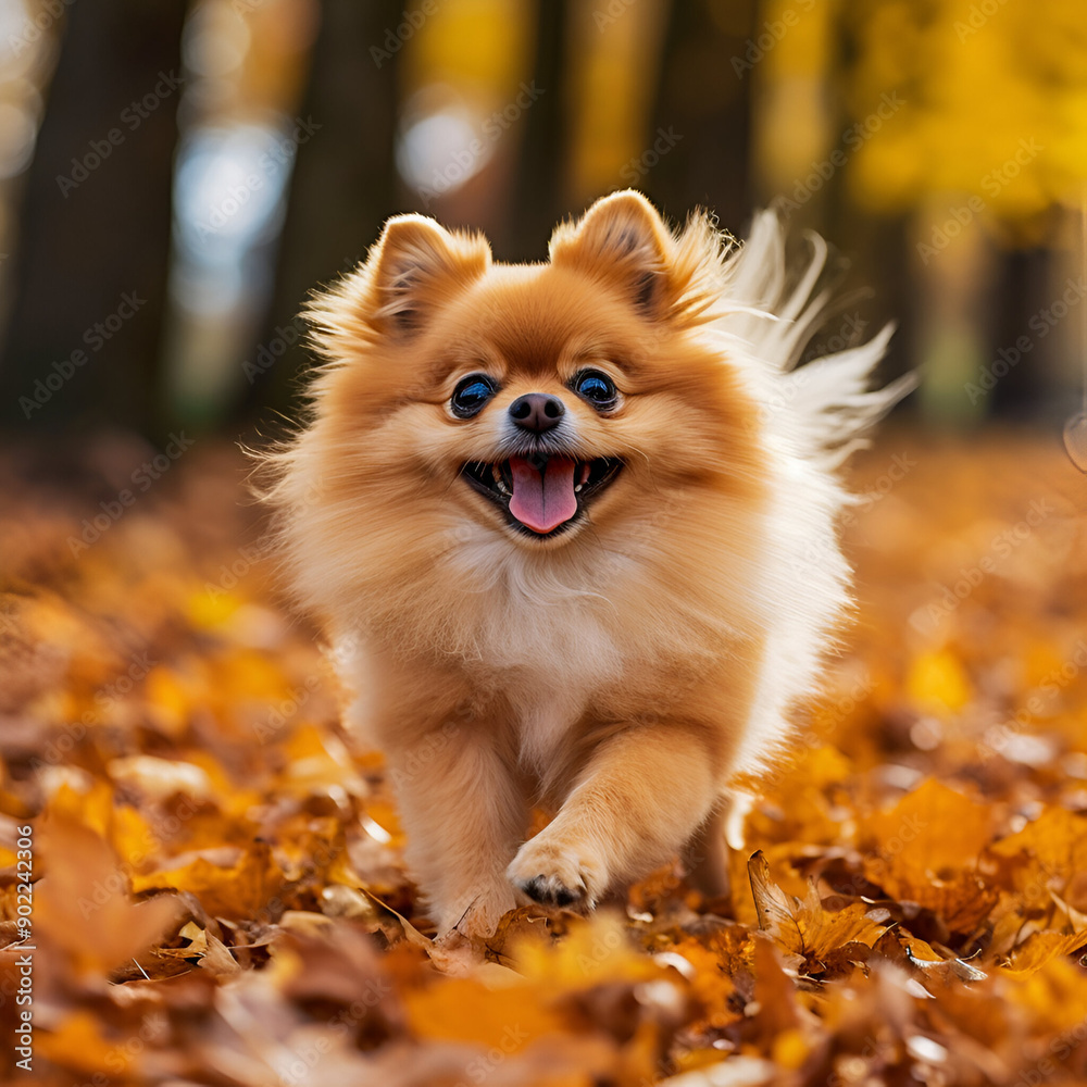 Fototapeta premium Small Pomeranian dog running through an autumn forest. The ground is covered with leaves. Fallen leaves on the ground