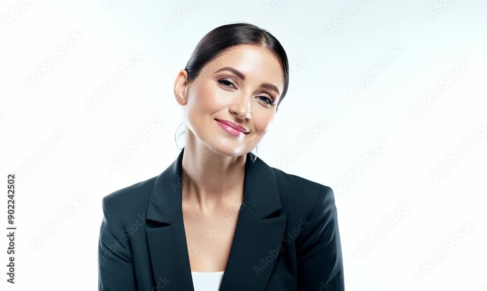 Medium shot portrait video of a satisfied woman in her 30s that is wearing a sleek suit against a white background Medium shot portrait video of a satisfied woman in her 30s that is wearing a sleek suit against a white background