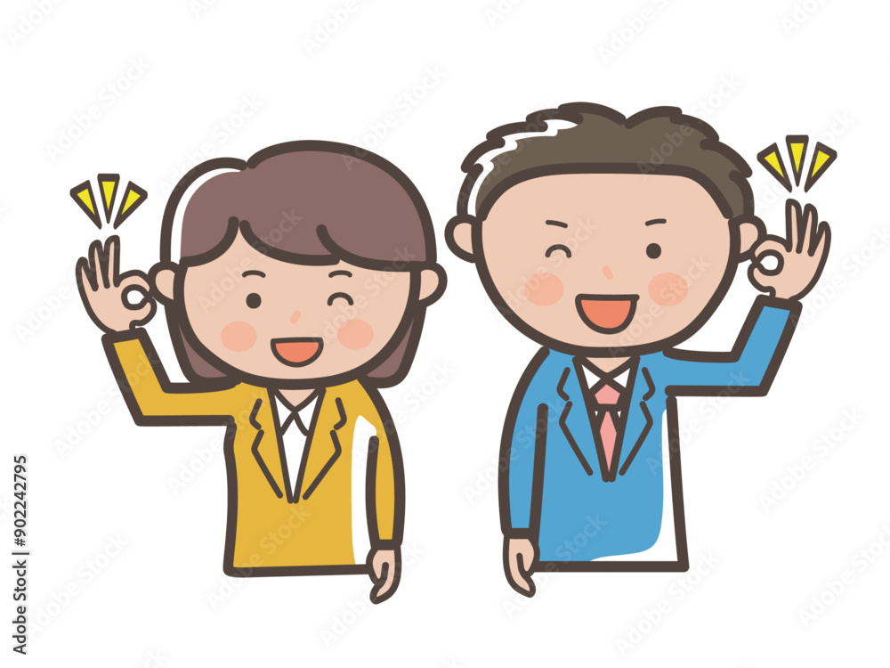 了解のOKサインを送る若い男女会社員の上半身イラスト 了解のOKサインを送る若い男女会社員の上半身イラスト