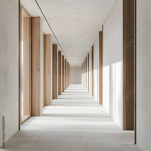Empty office hallway with white walls and wooden accents, conveying a sense of calmness and serenity.
