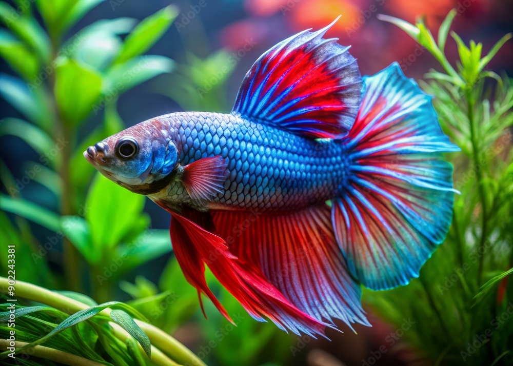 Vibrant Siamese fighting fish with iridescent scales in shades of blue, red, and green swim aggressively in a decorative aquatic plants surrounded tank. Vibrant Siamese fighting fish with iridescent scales in shades of blue, red, and green swim aggressively in a decorative aquatic plants surrounded tank.