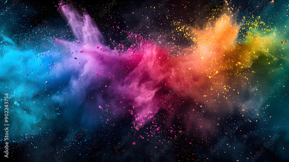 Obraz premium Abstract color powder splash rainbow background with paint holi smoke, powder explosion dust ink burst, splatter white texture isolated on black spray