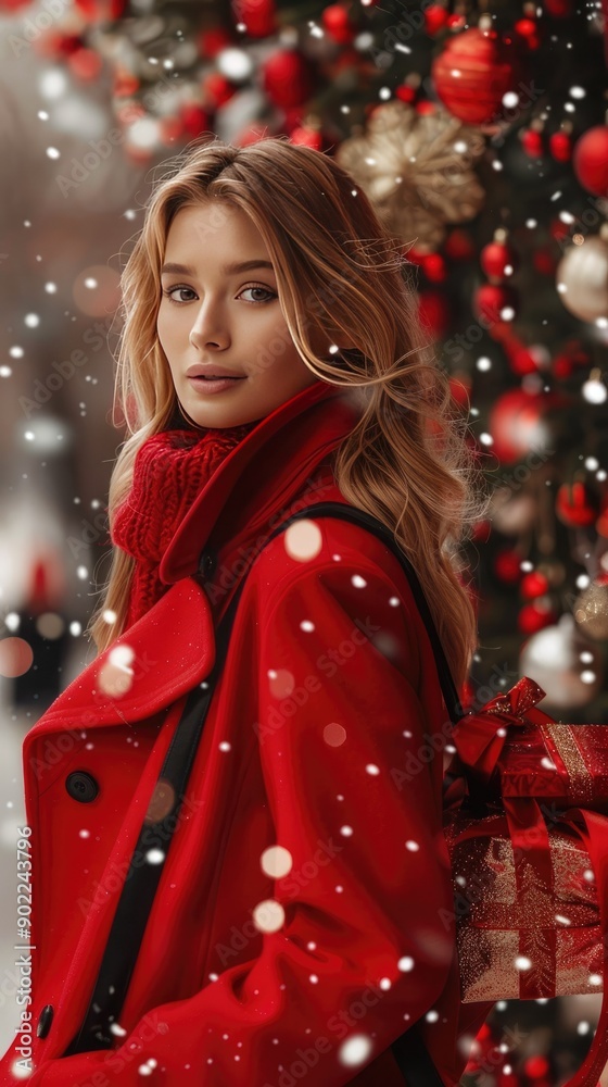 Festive Holiday Portrait of a Woman in Red Coat with Christmas Decorations Festive Holiday Portrait of a Woman in Red Coat with Christmas Decorations