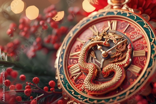 Intricate Dragon Pocket Watch with Red Details and Metallic Accents in Festive Background