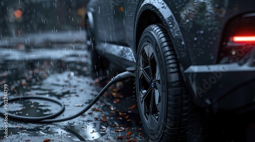 Close-up of Electric Car Charging in Rainy Urban Environment photo