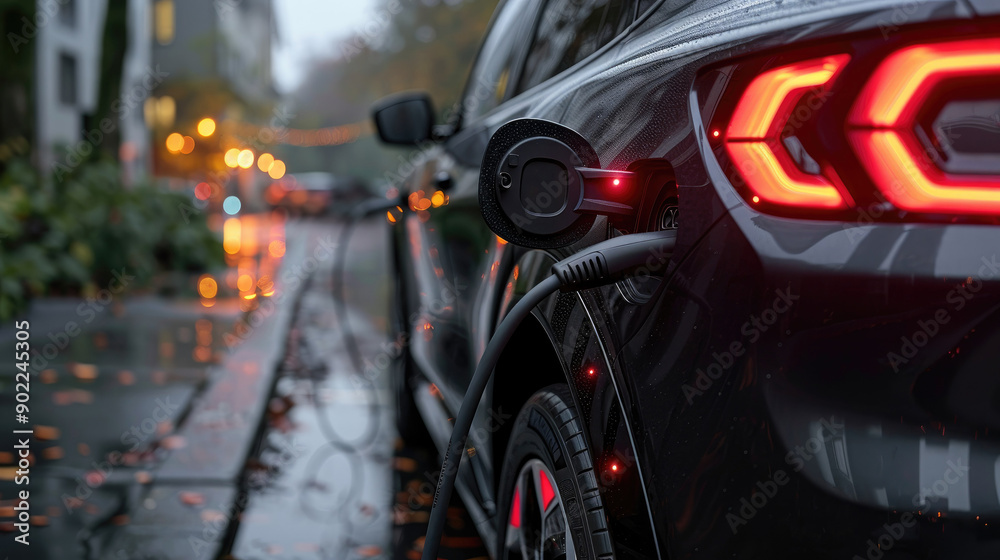 Electric Car Charging on Urban Street at Night with Modern Taillights Illuminated Electric Car Charging on Urban Street at Night with Modern Taillights Illuminated