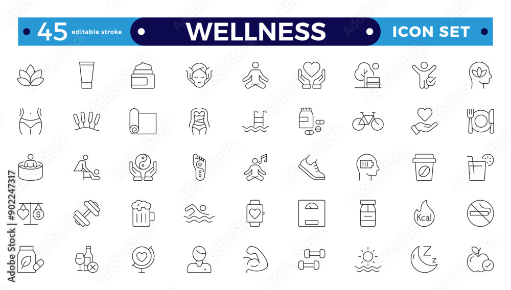 Set of outline icons related to wellness, well-bein, mental health, healthcare, cosmetics, spa, medical, massage, yoga, spa, relaxation, exercise, diet,. Outline icon collection. Wellness icon set.
Set of outline icons related to wellness, well-bein, mental health, healthcare, cosmetics, spa, medical, massage, yoga, spa, relaxation, exercise, diet,. Outline icon collection. Wellness icon set.