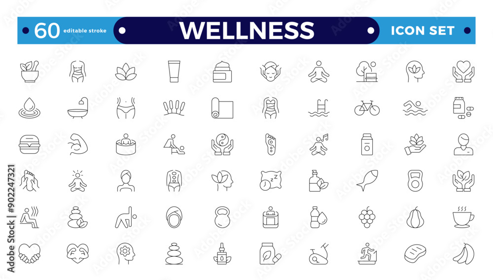 Set of outline icons related to wellness, well-bein, mental health, healthcare, cosmetics, spa, medical, massage, yoga, spa, relaxation, exercise, diet,. Outline icon collection. Wellness icon set.
Set of outline icons related to wellness, well-bein, mental health, healthcare, cosmetics, spa, medical, massage, yoga, spa, relaxation, exercise, diet,. Outline icon collection. Wellness icon set.