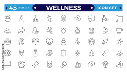 Set of outline icons related to wellness, well-bein, mental health, healthcare, cosmetics, spa, medical, massage, yoga, spa, relaxation,  exercise, diet,. Outline icon collection. Wellness icon set. 

