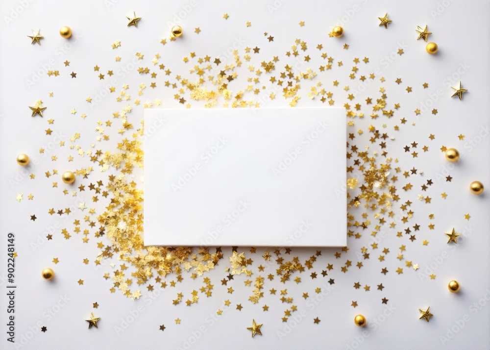 Empty white greeting card surrounded by scattered golden sequins, glitter, and confetti on a white background, featuring a blank space for customization, perfect for celebrations. Empty white greeting card surrounded by scattered golden sequins, glitter, and confetti on a white background, featuring a blank space for customization, perfect for celebrations.