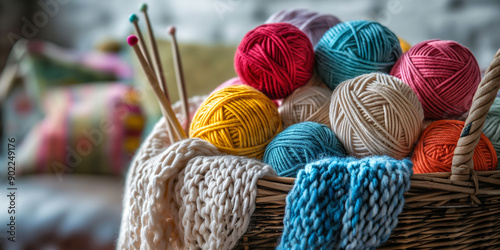 Wicker basket overflowing with colorful yarn balls and knitting needles